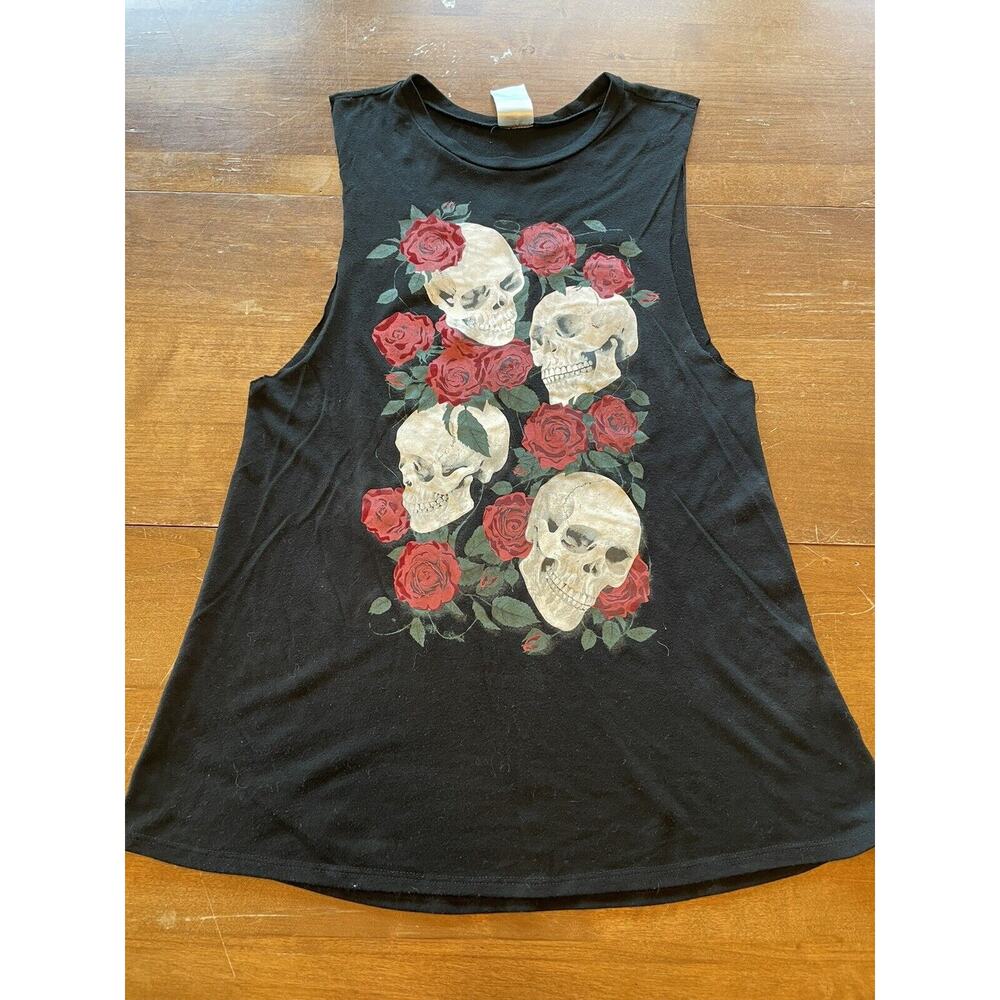 Spirit Halloween Tank Top Women's Small Black Skull/Floral Destroyed Back